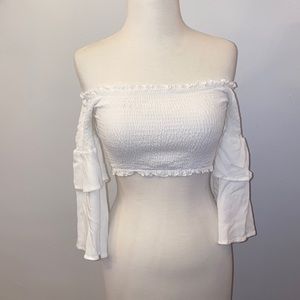 White off-the-shoulder smocked crop top